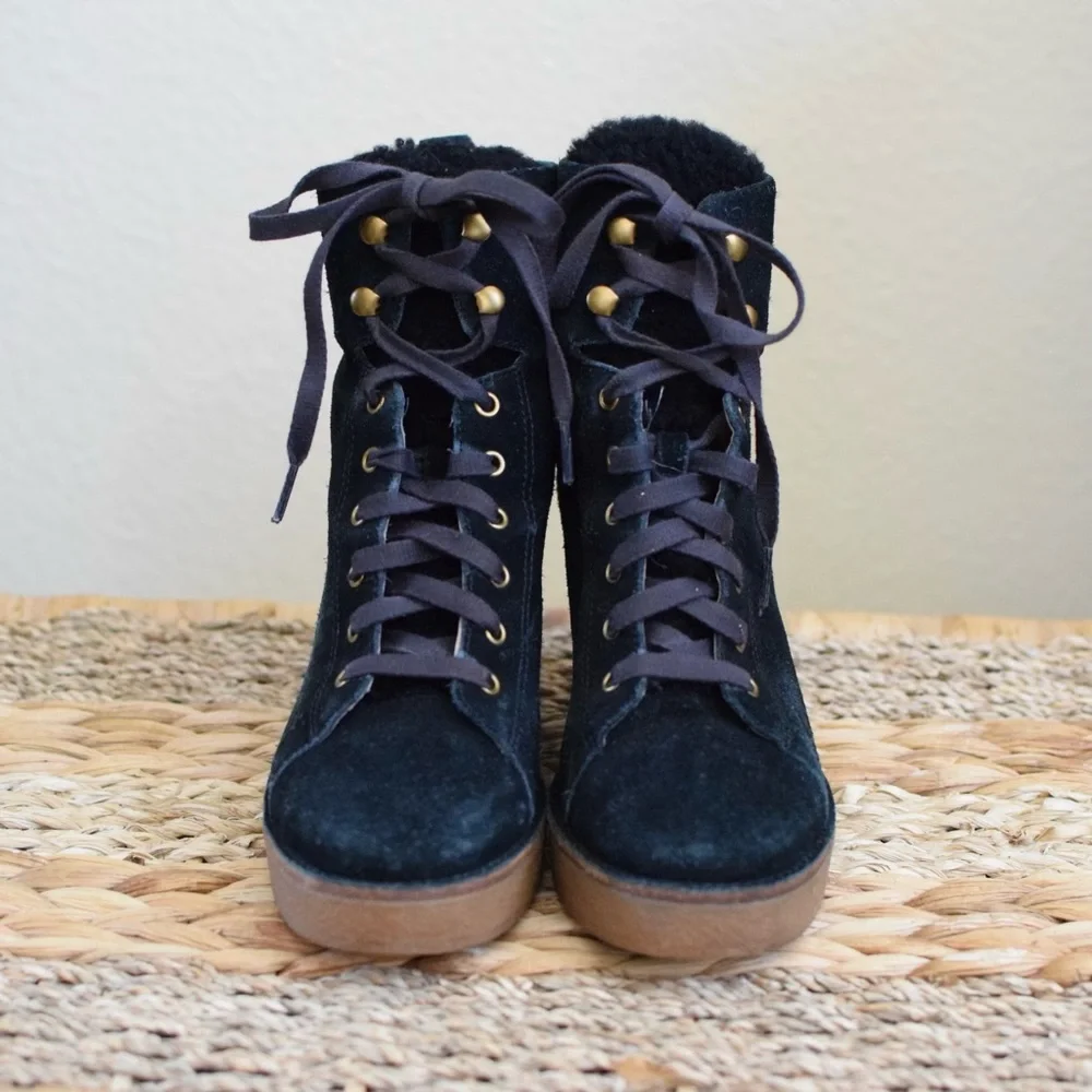 UGG Kiernan Wedge Lace-Up Ankle Boots Black Suede Sheepskin - Picture 2 of 7